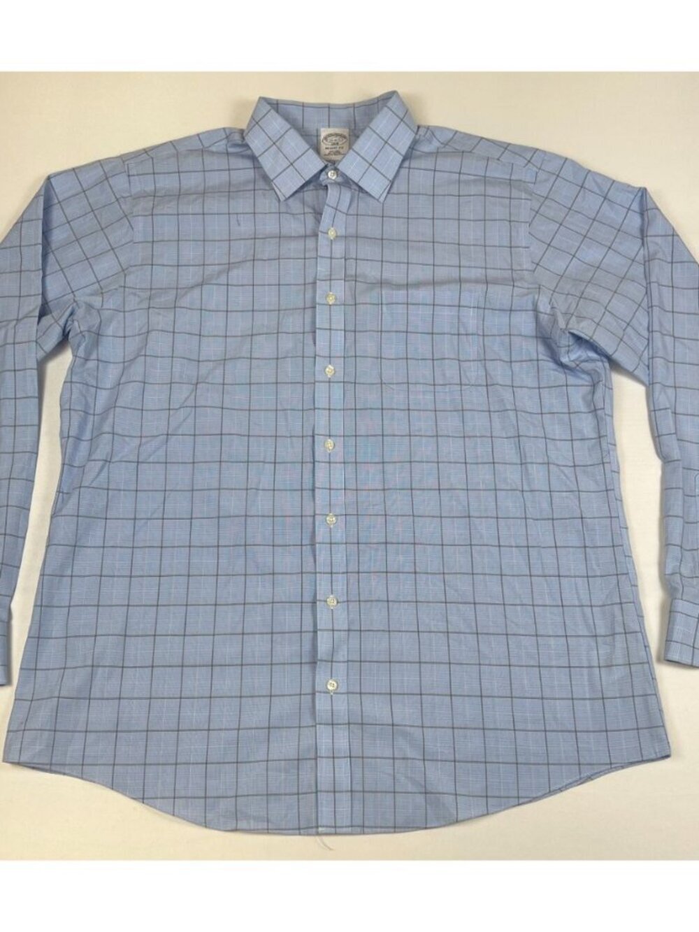 Brooks Brothers Men 17 6/7 Regent Fit Blue Windowpane Non-Iron Cotton Shirt